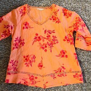 Soft surroundings boho Coral Oversize embroider Spring floral flowy blouse/tunic